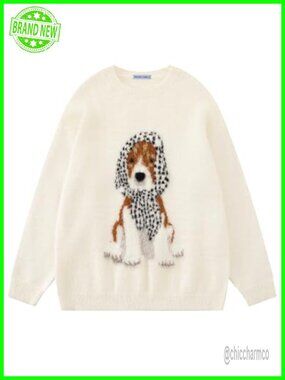 Oversized Crewneck Knit Pullover Sweater Cute Dog Graphic Streetwear Y2K